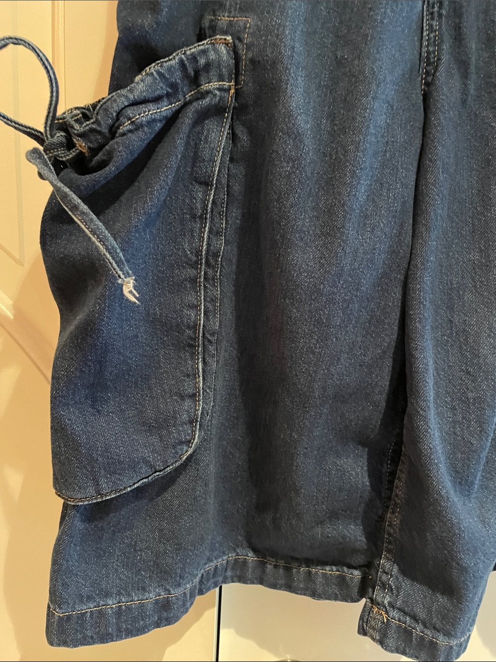 Dark Blue Denim Cargo Skirt with Drawstring Pockets - Picture 2 of 3